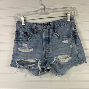 Levi’s womens 501 denim button fly, distressed denim jeans. Size 24